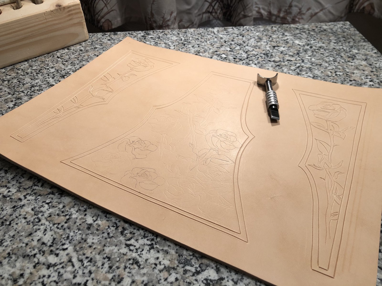 Pattern drawn on undyed leather